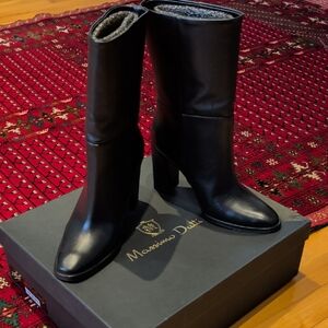 Massimo Dutti Black Leather Mid-Calf Block Heel Boots